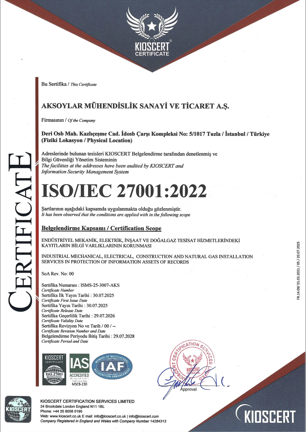 Aksoylar Mühendislik | Sertifikalarımız